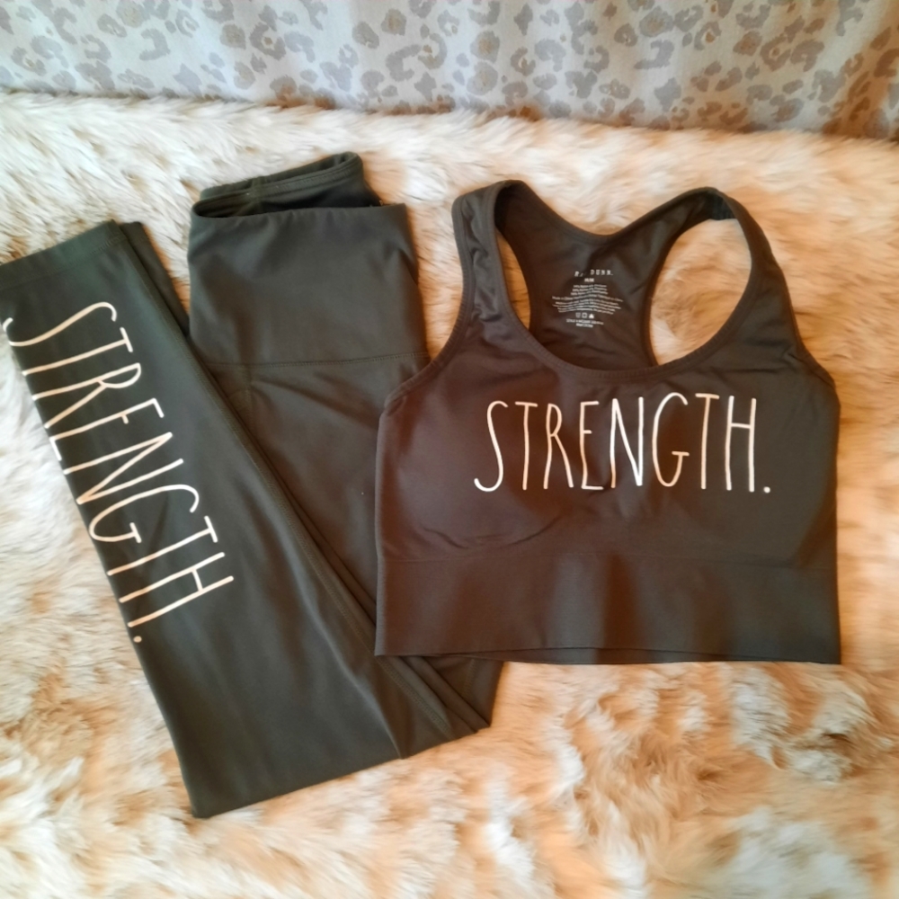 Rae Dunn Olive Strength Leggings and Sports Bra New